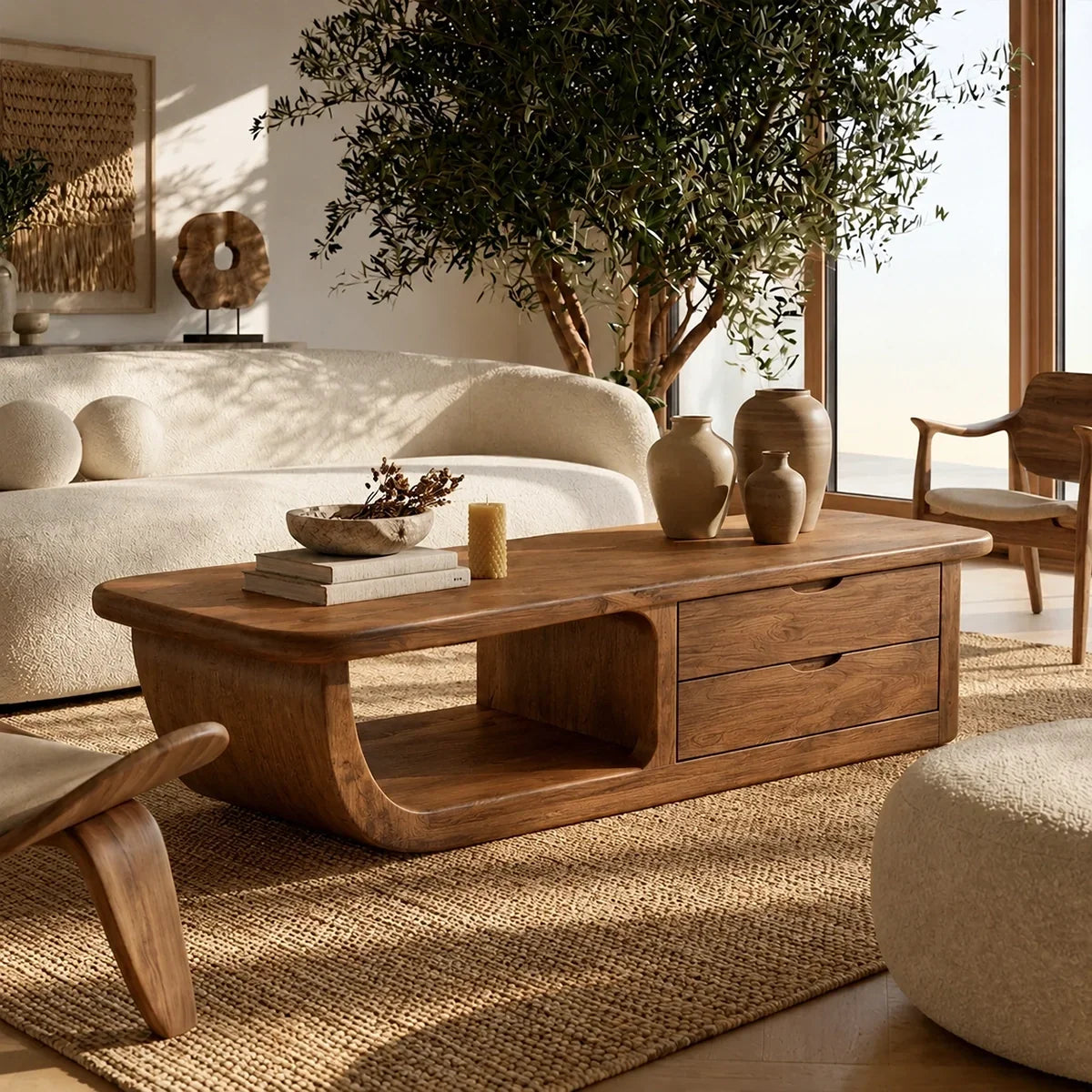 Coffee Table with Curved Loop Base and Two Storage Drawers in Natural Solid Wood - Arboriswood - 7