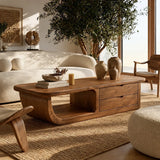 Coffee Table with Curved Loop Base and Two Storage Drawers in Natural Solid Wood - Arboriswood - 7