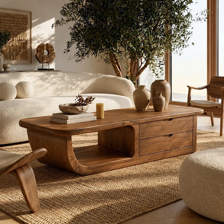 Coffee Table with Curved Loop Base and Two Storage Drawers in Natural Solid Wood - Arboriswood - 7