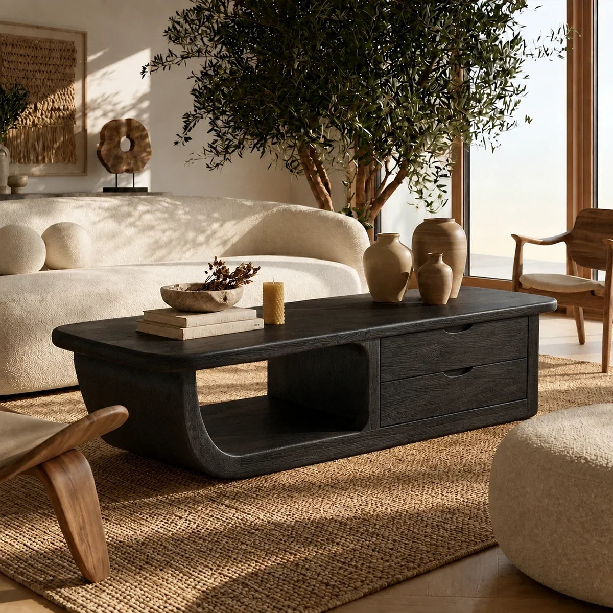 Coffee Table with Curved Loop Base and Two Storage Drawers in Natural Solid Wood - Arboriswood - 8