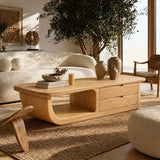 Coffee Table with Curved Loop Base and Two Storage Drawers in Natural Solid Wood - Arboriswood - 9