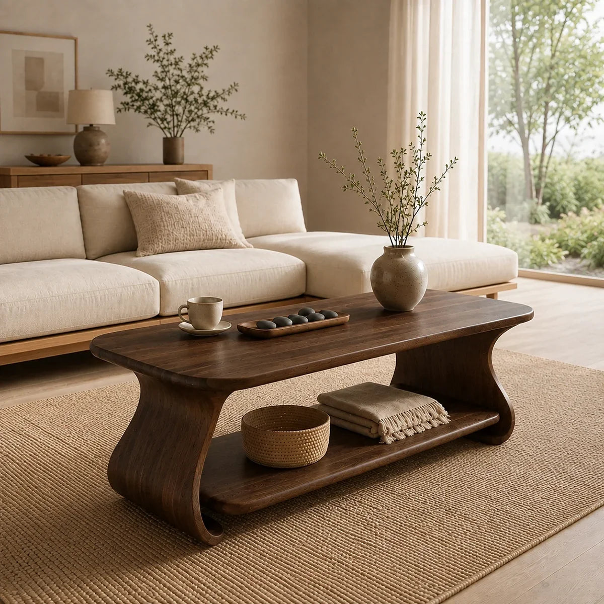 Coffee Table with Curved Sculptural Base in Natural Solid Wood - Arboriswood - 1