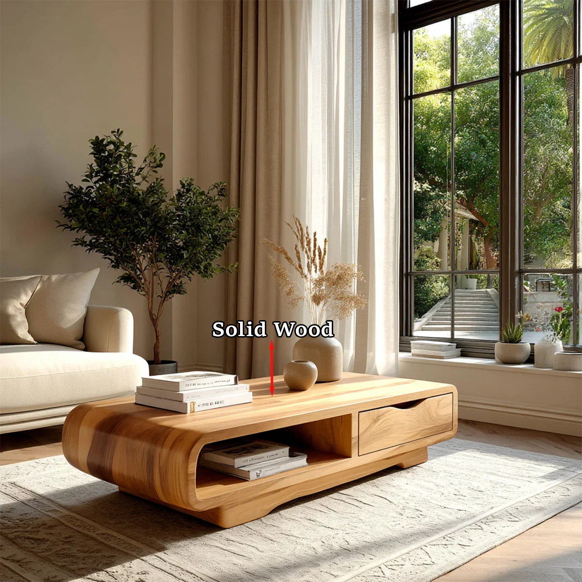 Coffee Table with Drawer and Open Shelf – Natural Wood Table for Modern Living Room - ArborisWood - 10