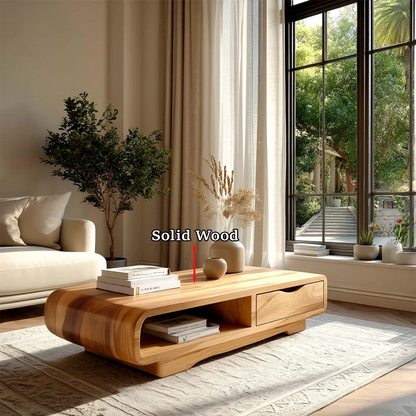 Coffee Table with Drawer and Open Shelf – Natural Wood Table for Modern Living Room - ArborisWood - 10