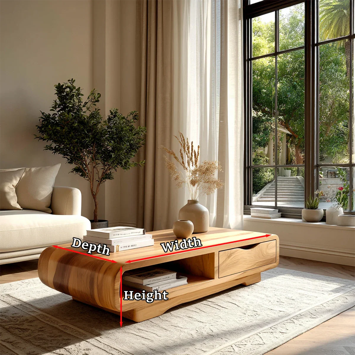 Coffee Table with Drawer and Open Shelf – Natural Wood Table for Modern Living Room - ArborisWood - 11