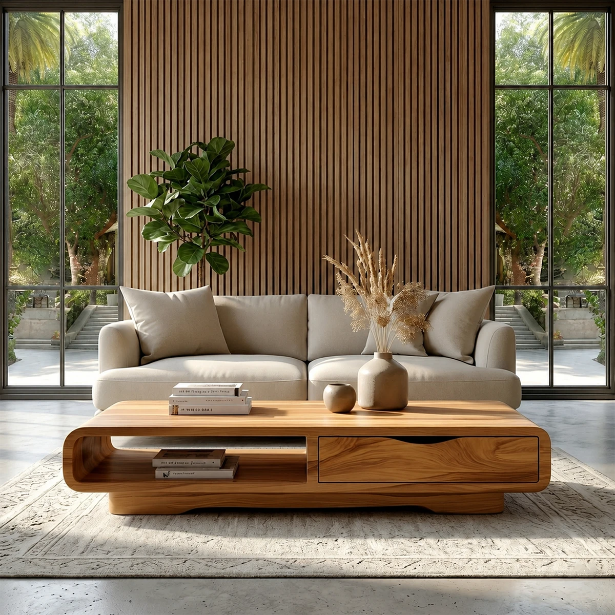 Coffee Table with Drawer and Open Shelf – Natural Wood Table for Modern Living Room - ArborisWood - 14
