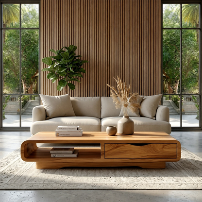Coffee Table with Drawer and Open Shelf – Natural Wood Table for Modern Living Room - ArborisWood - 14