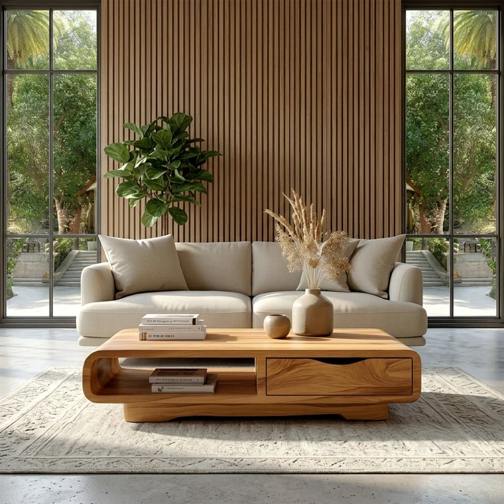 Coffee Table with Drawer and Open Shelf – Natural Wood Table for Modern Living Room - ArborisWood - 3