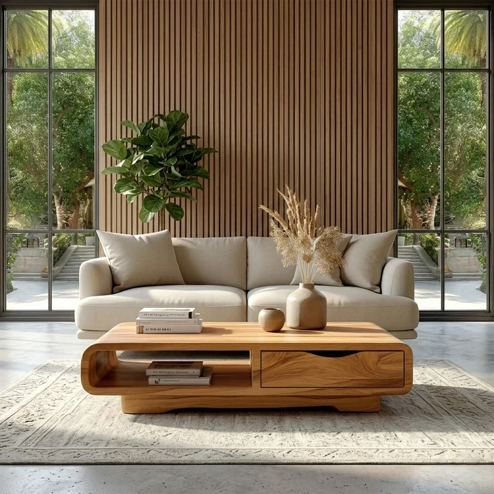 Coffee Table with Drawer and Open Shelf – Natural Wood Table for Modern Living Room - Arboriswood - 3