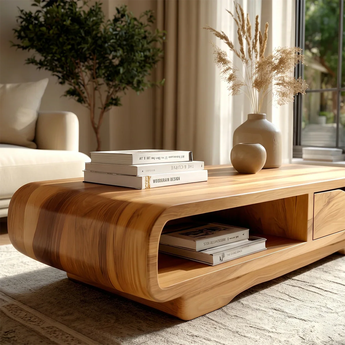 Coffee Table with Drawer and Open Shelf – Natural Wood Table for Modern Living Room - ArborisWood - 4