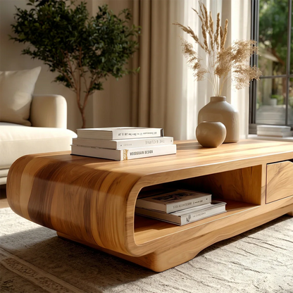 Coffee Table with Drawer and Open Shelf – Natural Wood Table for Modern Living Room - ArborisWood - 4