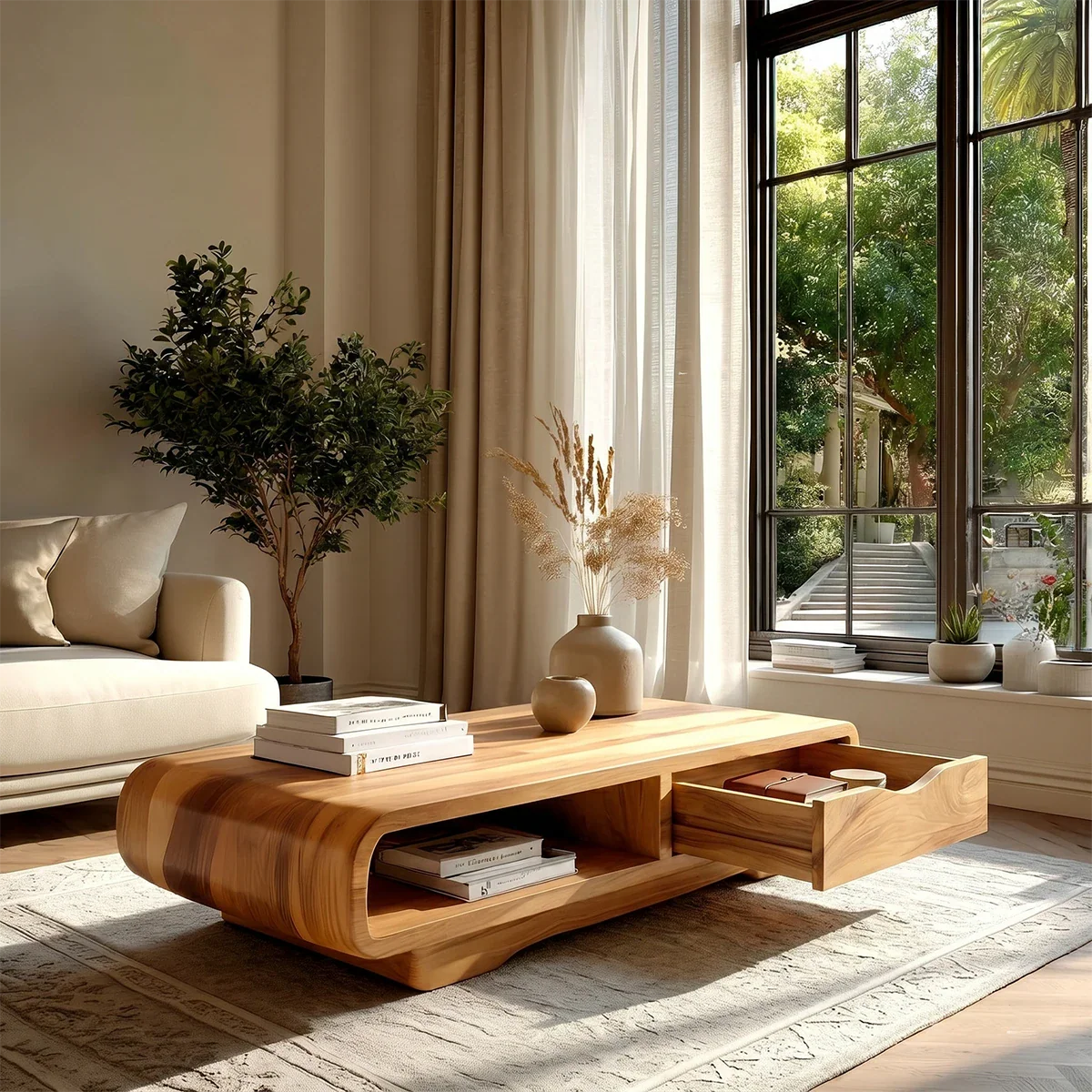 Coffee Table with Drawer and Open Shelf – Natural Wood Table for Modern Living Room - ArborisWood - 5