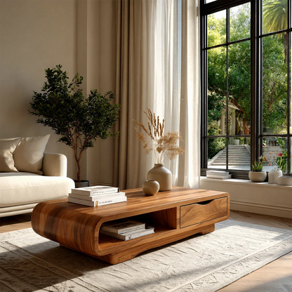 Coffee Table with Drawer and Open Shelf – Natural Wood Table for Modern Living Room - ArborisWood - 7