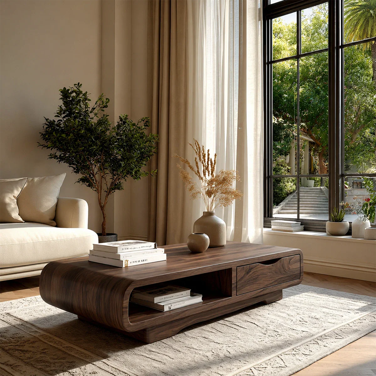 Coffee Table with Drawer and Open Shelf – Natural Wood Table for Modern Living Room - ArborisWood - 8