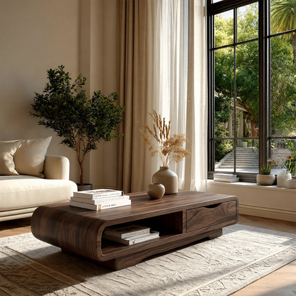 Coffee Table with Drawer and Open Shelf – Natural Wood Table for Modern Living Room - ArborisWood - 8