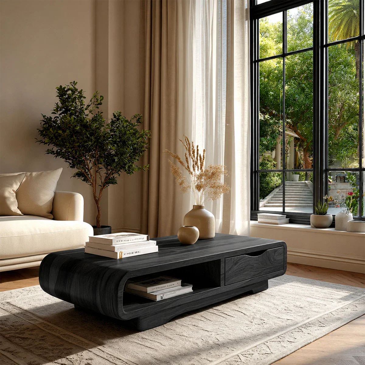 Coffee Table with Drawer and Open Shelf – Natural Wood Table for Modern Living Room - ArborisWood - 9