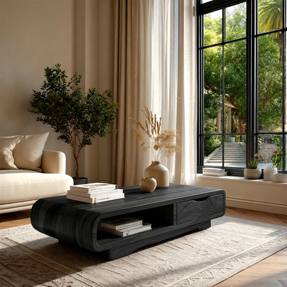 Coffee Table with Drawer and Open Shelf – Natural Wood Table for Modern Living Room - ArborisWood - 9