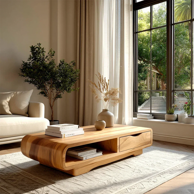 Coffee Table with Drawer and Open Shelf – Natural Wood Table for Modern Living Room - Arboriswood