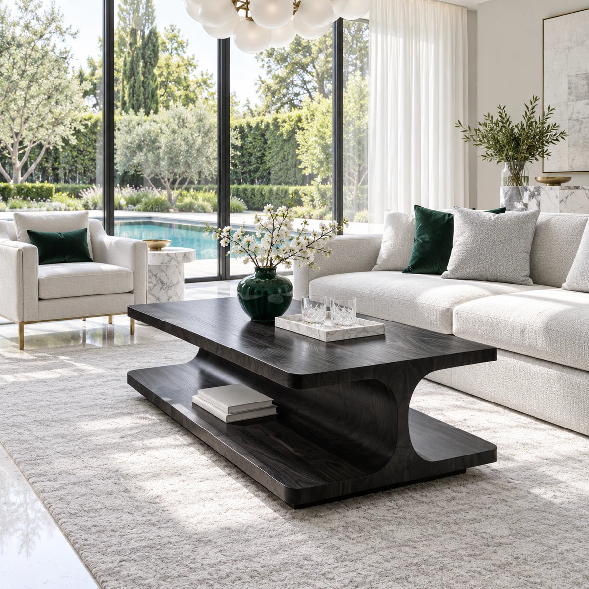 Coffee Table with Rectangular Slab Top on Flowing C-Curve Open-Shelf Base - Arboriswood - 10