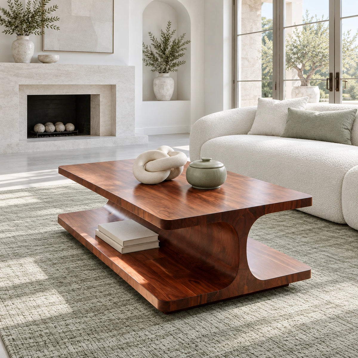 Coffee Table with Rectangular Slab Top on Flowing C-Curve Open-Shelf Base - Arboriswood - 2