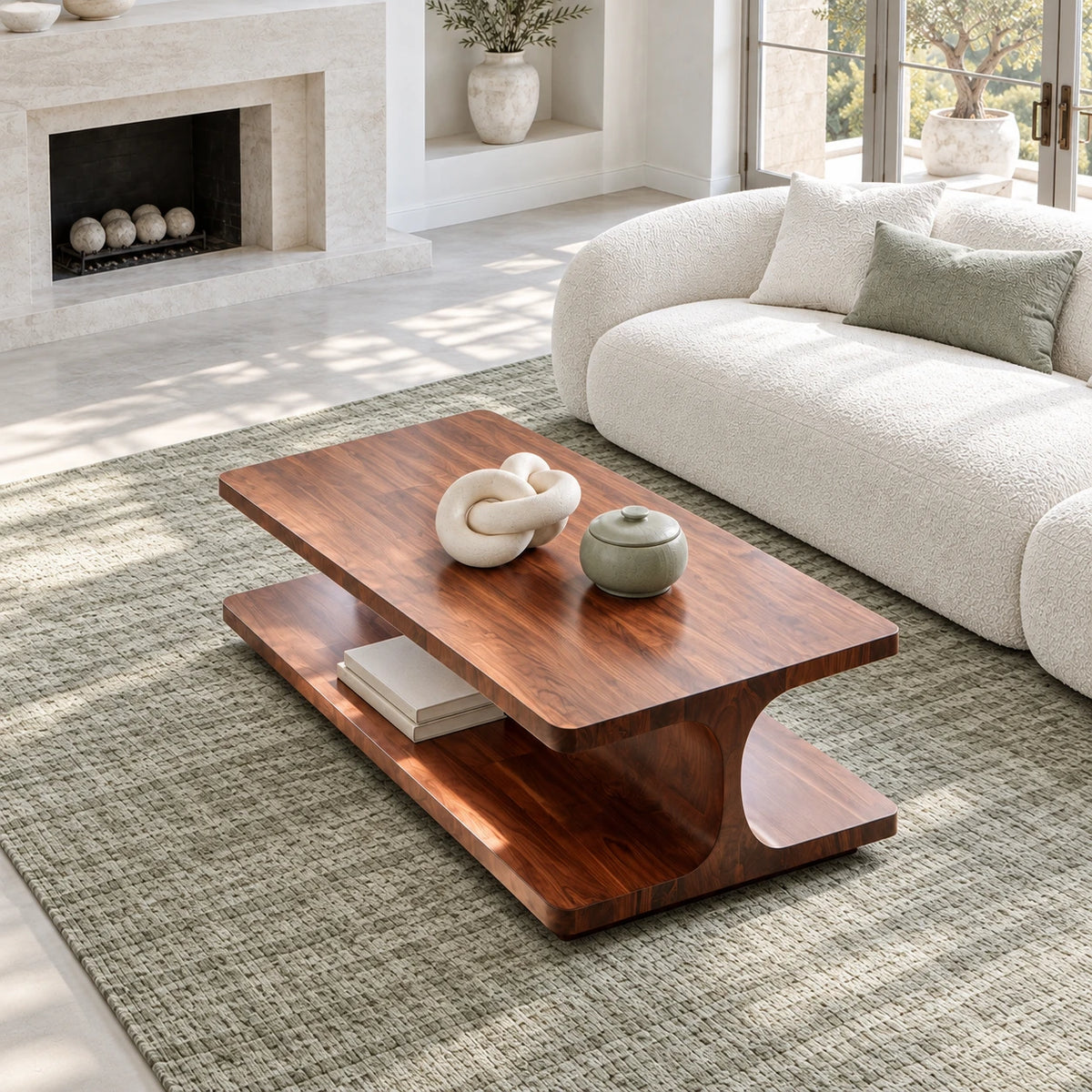 Coffee Table with Rectangular Slab Top on Flowing C-Curve Open-Shelf Base - Arboriswood - 5