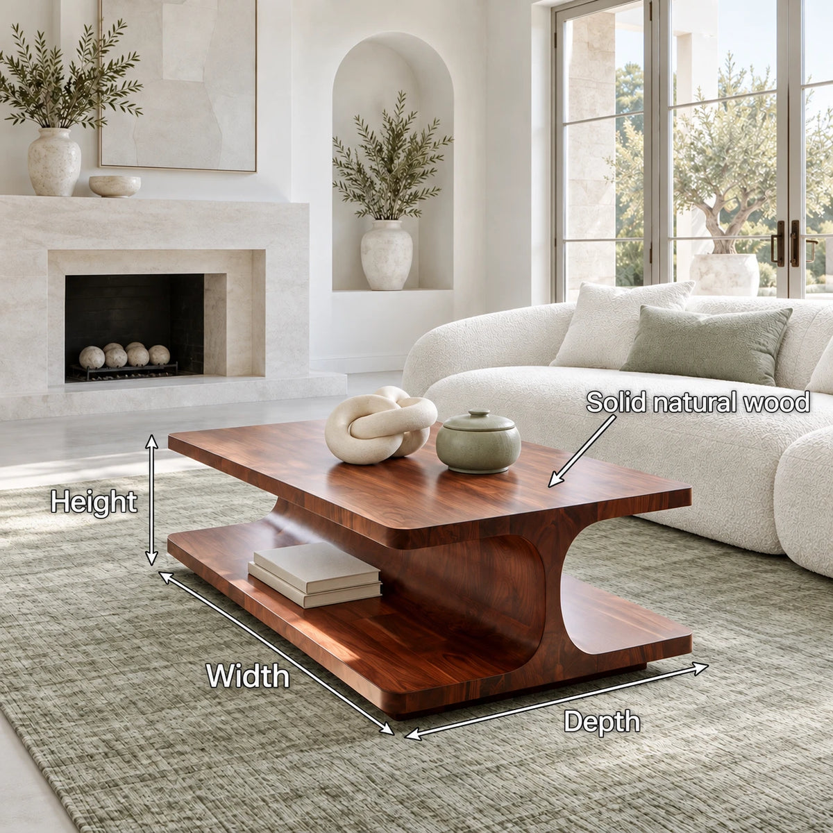 Coffee Table with Rectangular Slab Top on Flowing C-Curve Open-Shelf Base - Arboriswood - 7