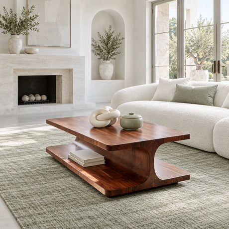 Coffee Table with Rectangular Slab Top on Flowing C-Curve Open-Shelf Base - Arboriswood