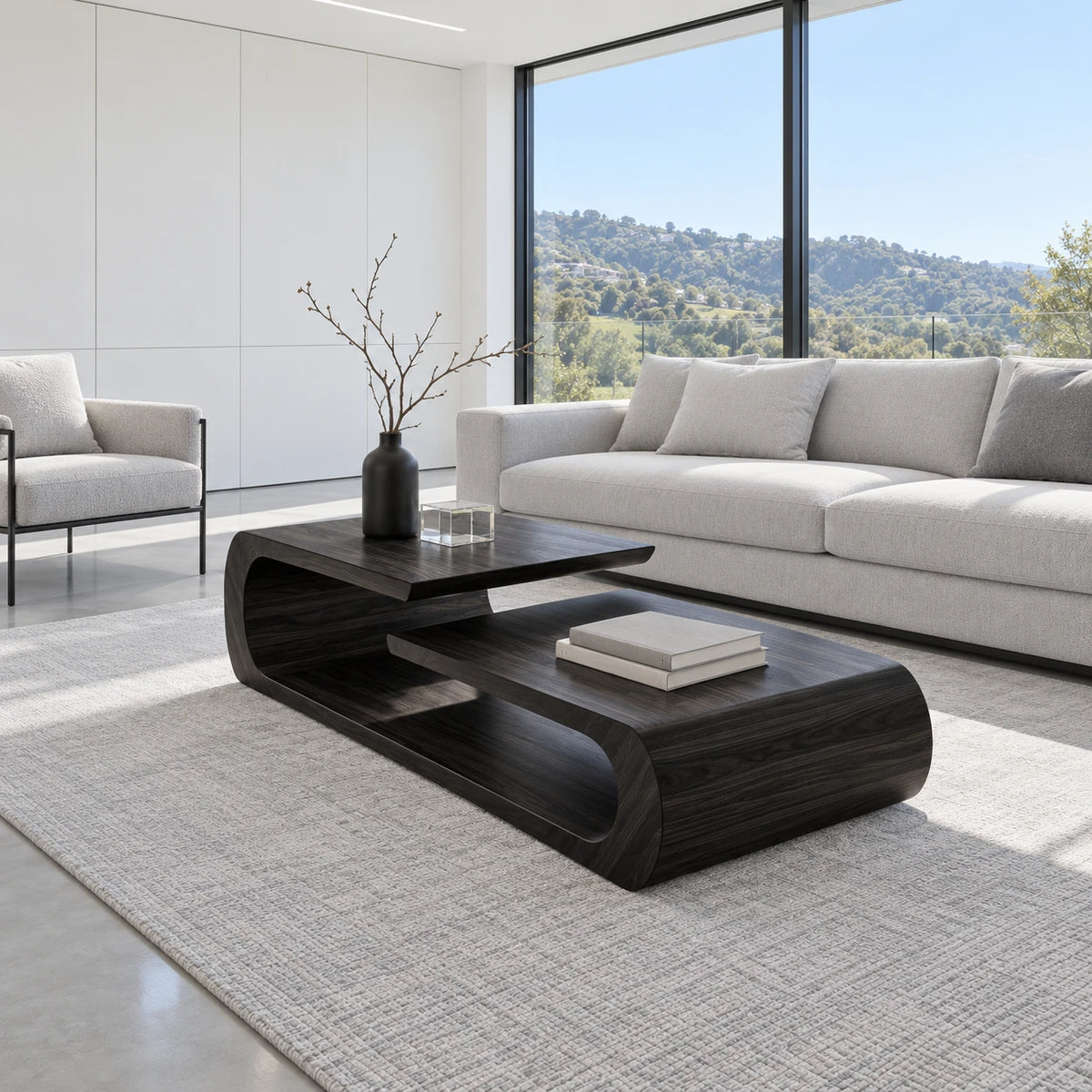 Coffee Table with Rounded Slab Top and Low Shelf on Rolled-Scroll Loop Base - Arboriswood - 10