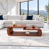 Coffee Table with Rounded Slab Top and Low Shelf on Rolled-Scroll Loop Base - Arboriswood - 12