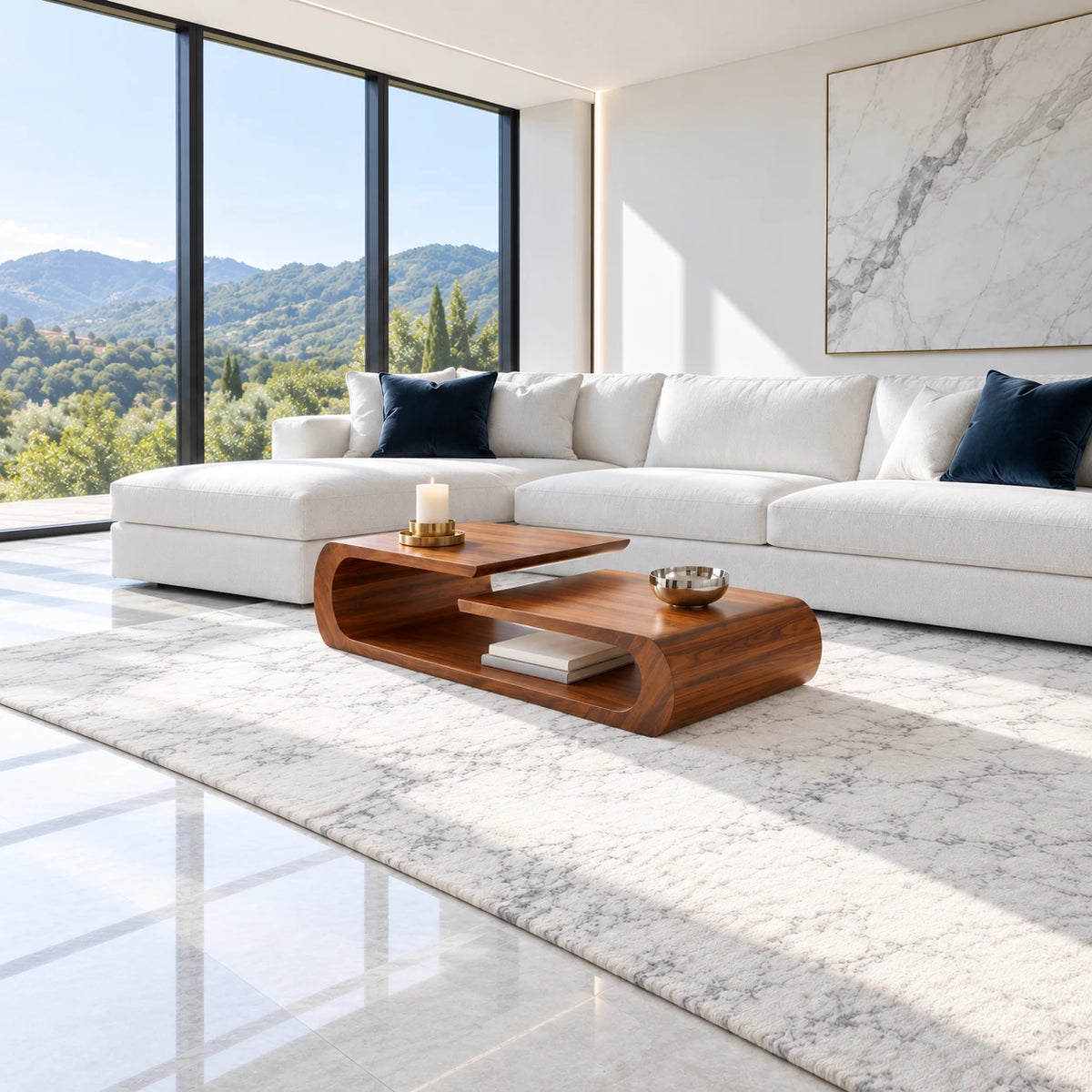 Coffee Table with Rounded Slab Top and Low Shelf on Rolled-Scroll Loop Base - Arboriswood - 3