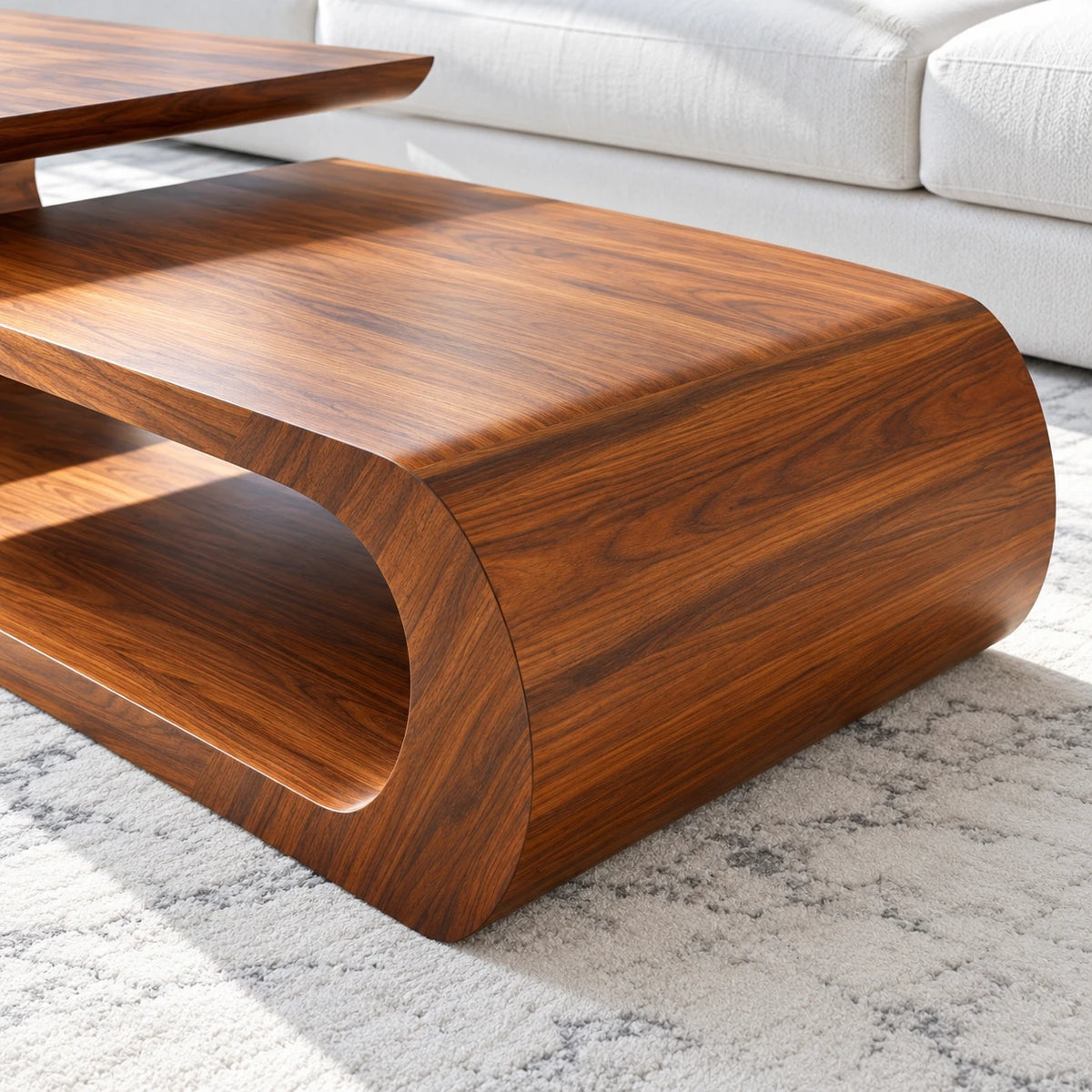 Coffee Table with Rounded Slab Top and Low Shelf on Rolled-Scroll Loop Base - Arboriswood - 4