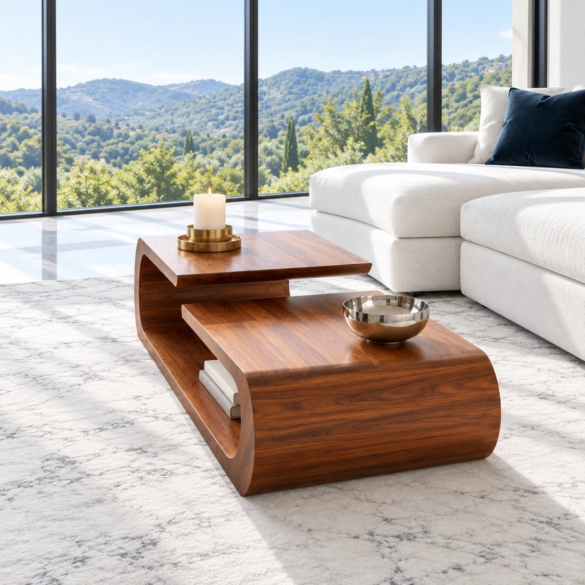 Coffee Table with Rounded Slab Top and Low Shelf on Rolled-Scroll Loop Base - Arboriswood - 6