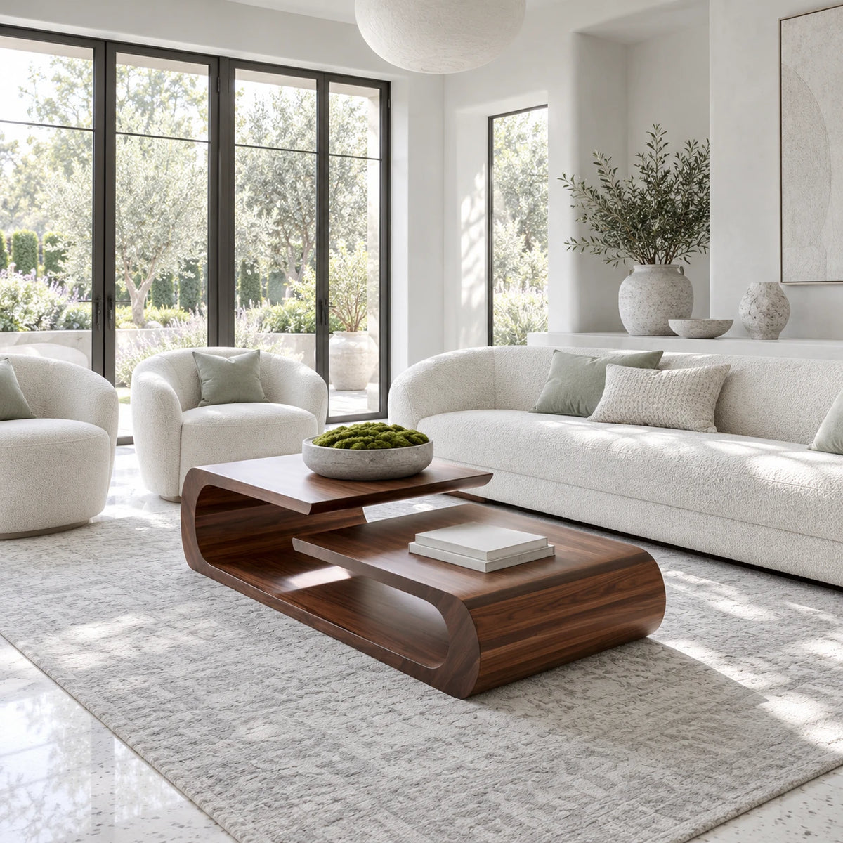 Coffee Table with Rounded Slab Top and Low Shelf on Rolled-Scroll Loop Base - Arboriswood - 8