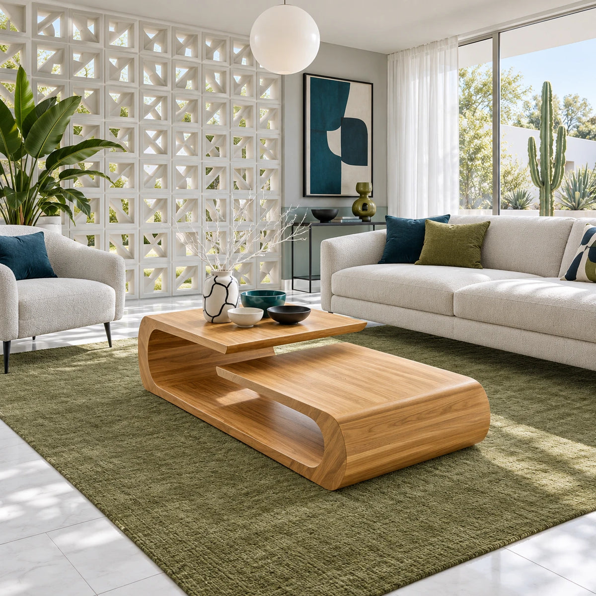 Coffee Table with Rounded Slab Top and Low Shelf on Rolled-Scroll Loop Base - Arboriswood - 9