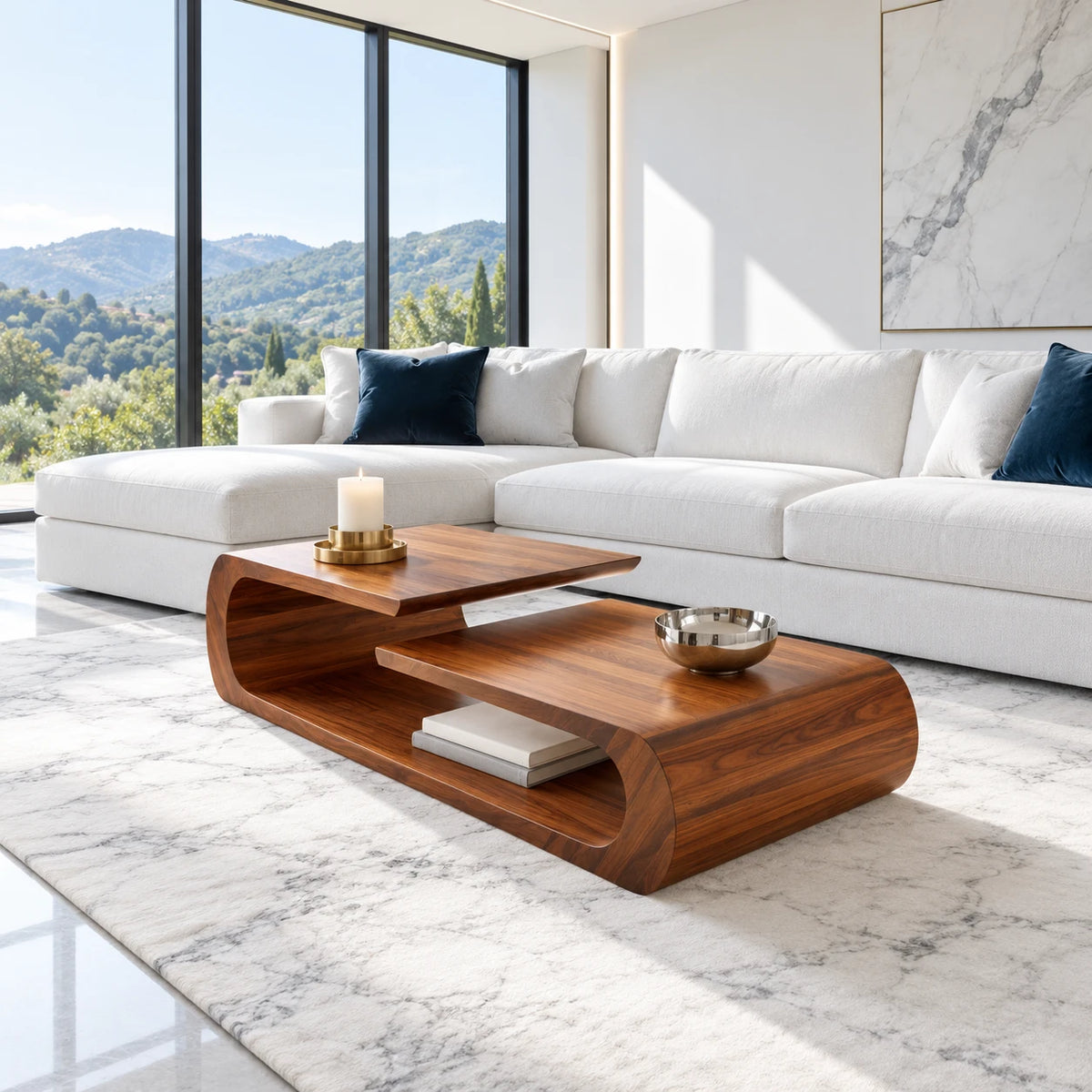 Coffee Table with Rounded Slab Top and Low Shelf on Rolled-Scroll Loop Base - Arboriswood
