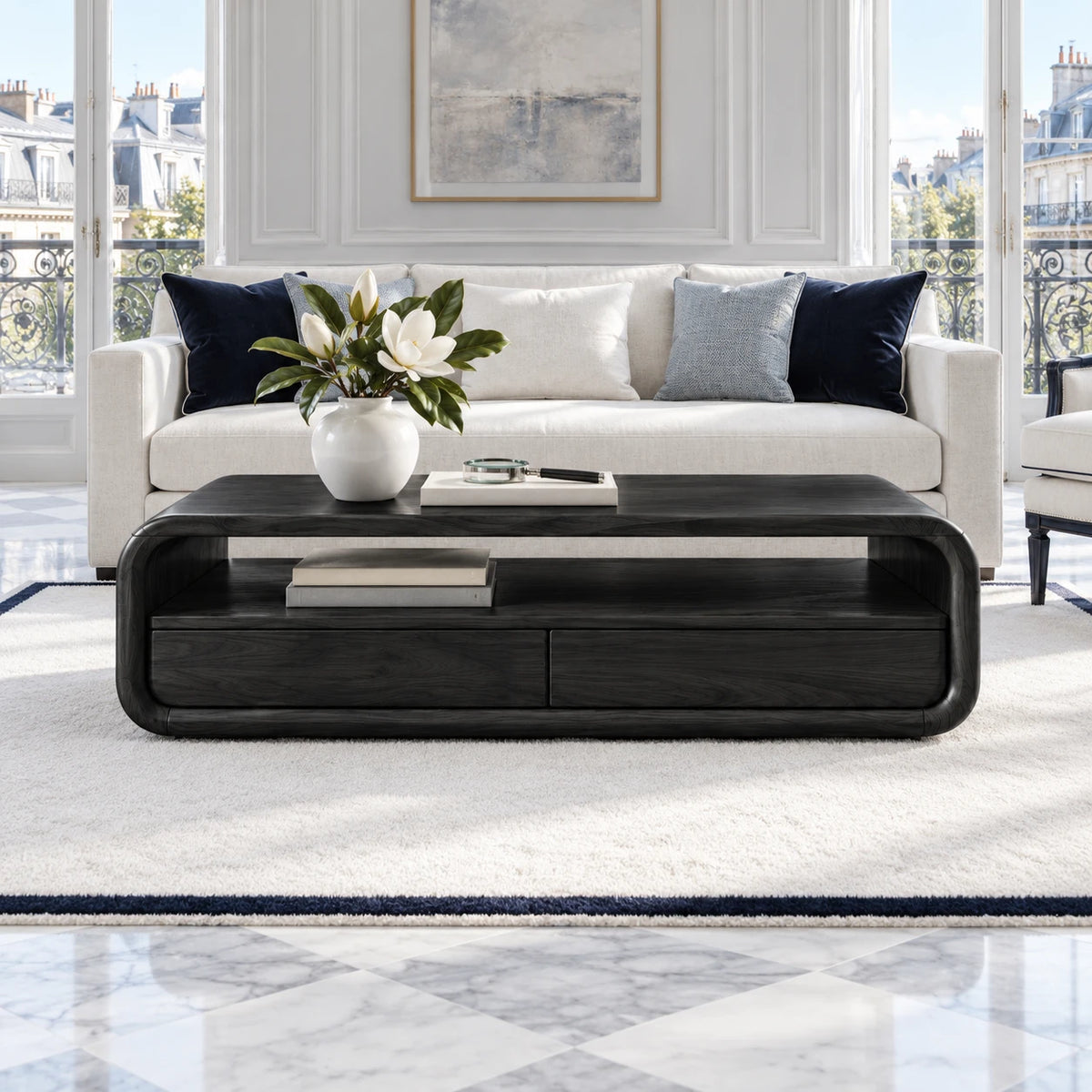Coffee Table with Storage, Rounded Tube-Loop Body, Shelf and Twin Drawers - Arboriswood - 11
