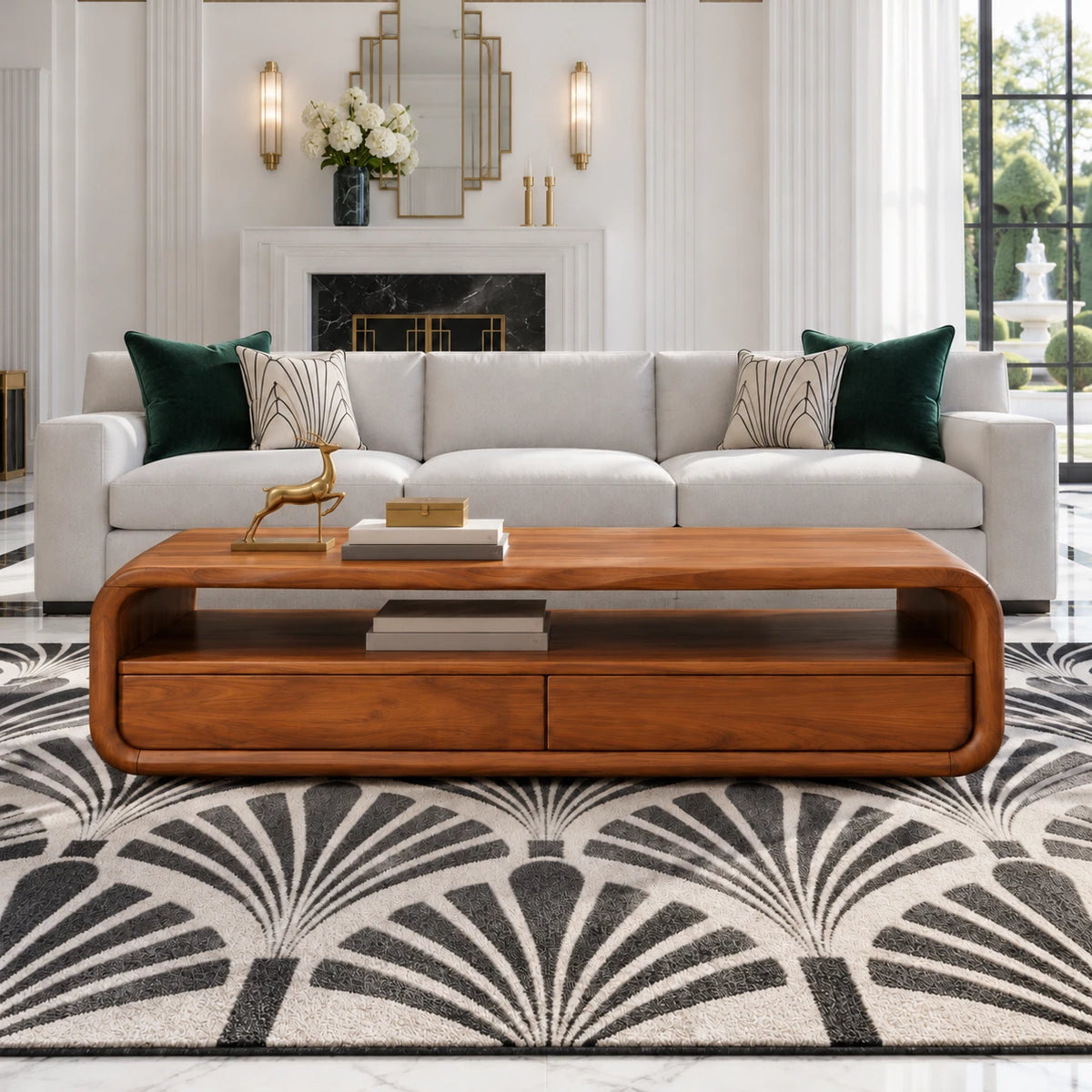 Coffee Table with Storage, Rounded Tube-Loop Body, Shelf and Twin Drawers - Arboriswood - 14