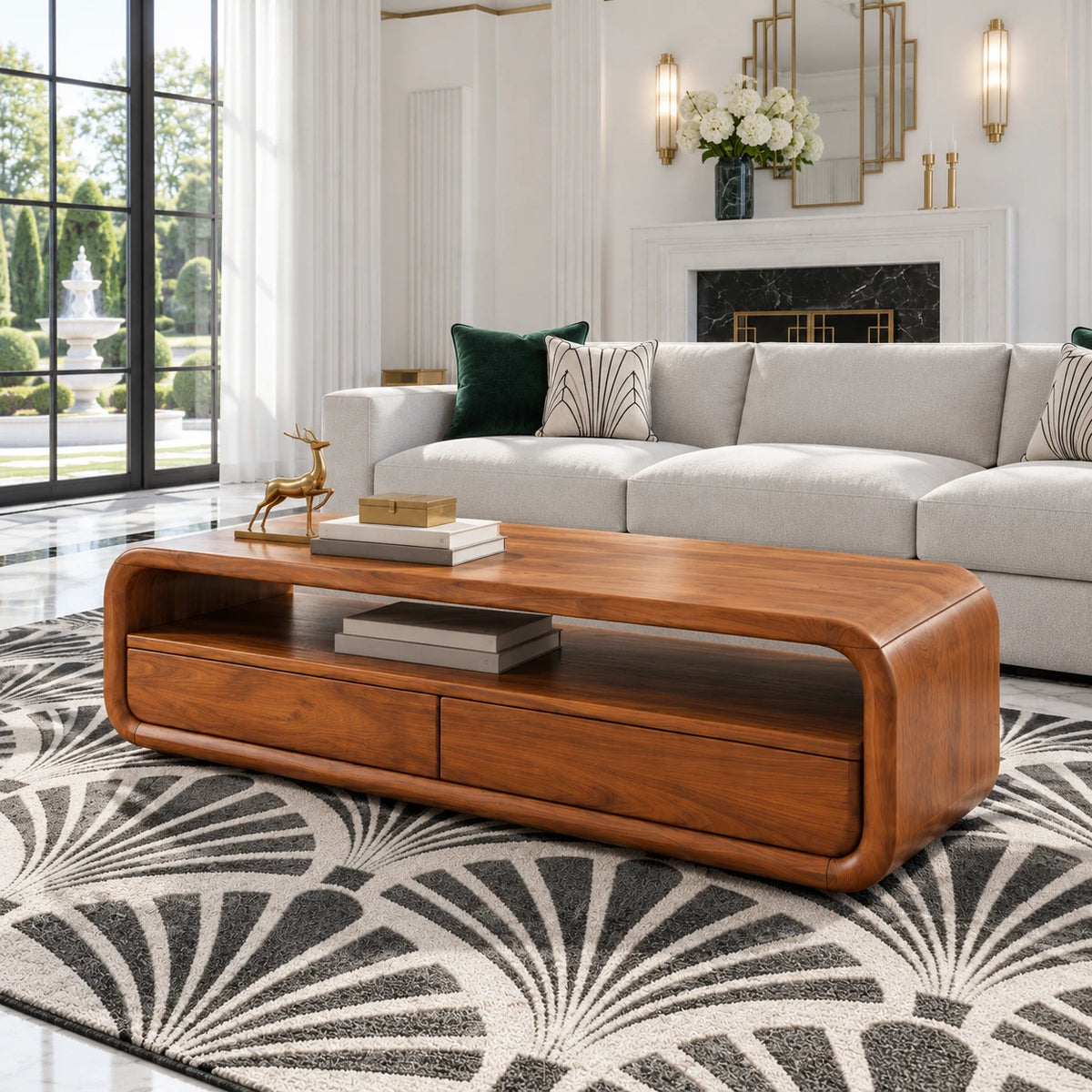 Coffee Table with Storage, Rounded Tube-Loop Body, Shelf and Twin Drawers - Arboriswood - 2