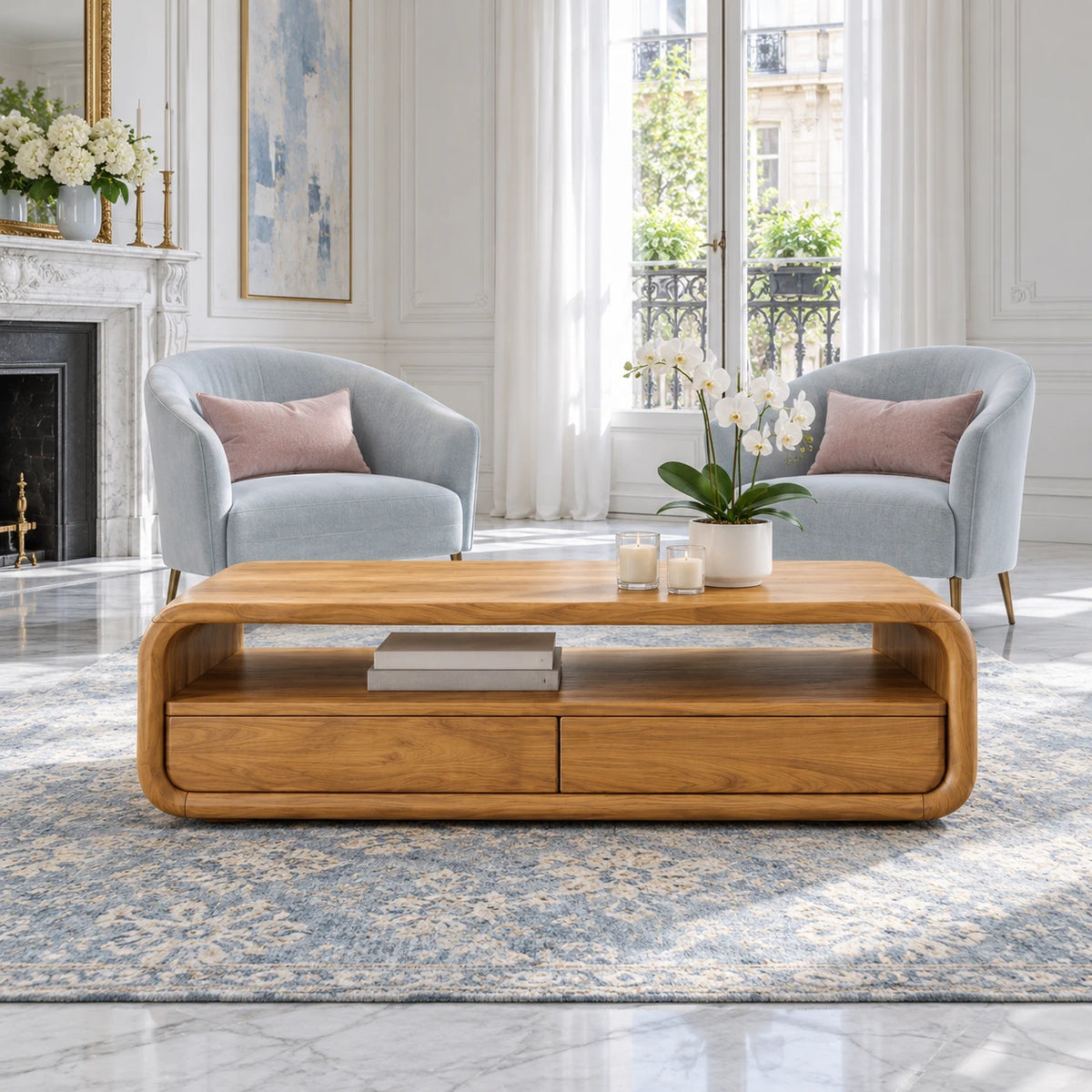 Coffee Table with Storage, Rounded Tube-Loop Body, Shelf and Twin Drawers - Arboriswood - 9