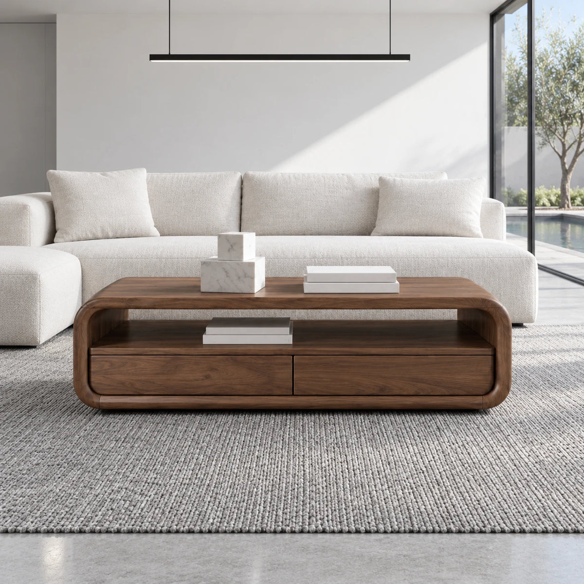 Coffee Table with Storage, Rounded Tube-Loop Body, Shelf and Twin Drawers - Arboriswood