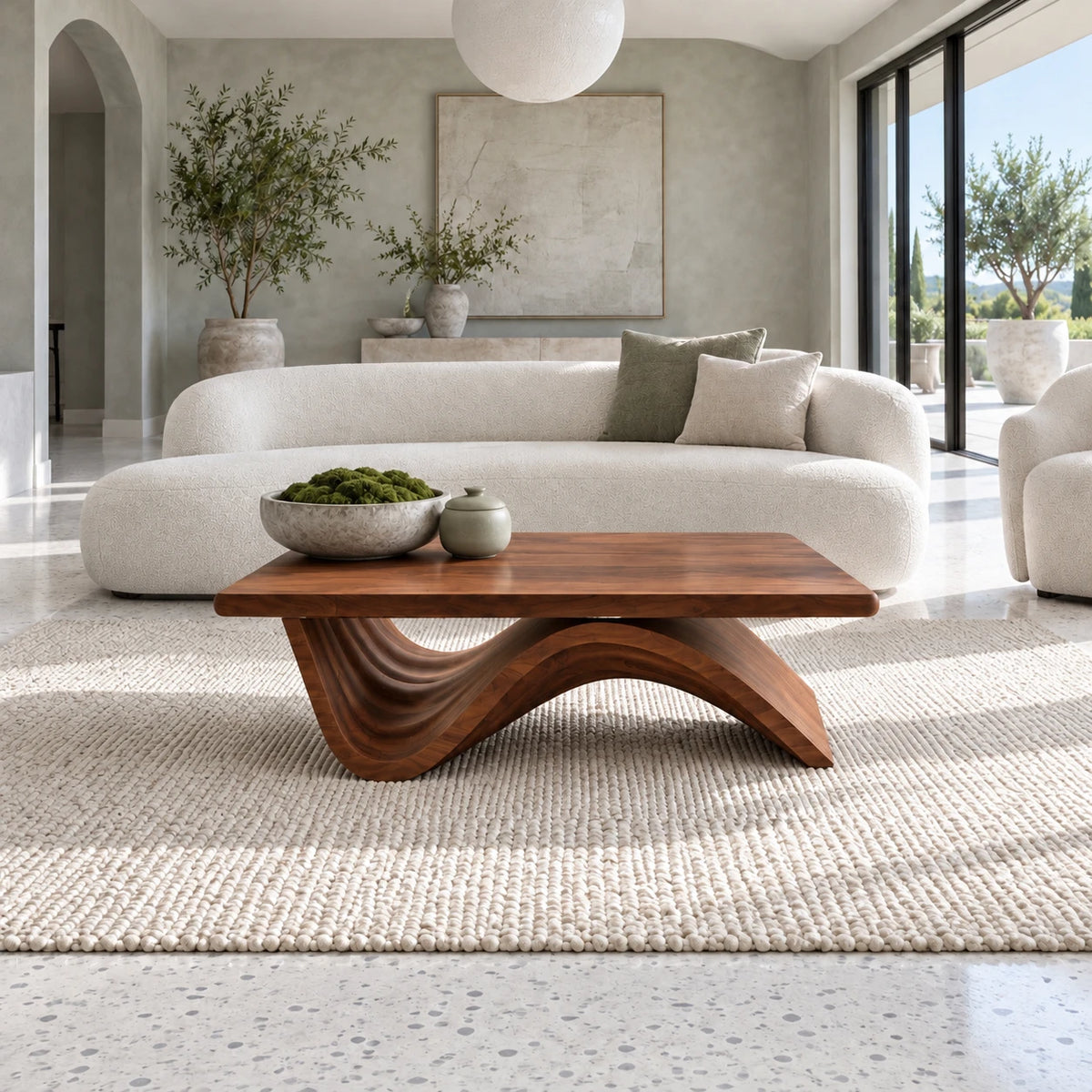 Coffee Table with Thick Flat Slab Top on Single Continuous S-Wave Base - Arboriswood - 11