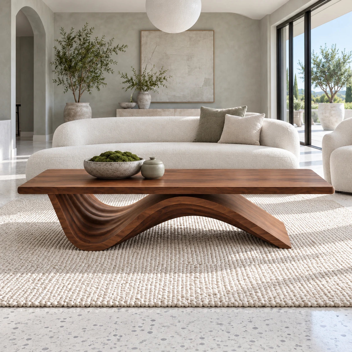 Coffee Table with Thick Flat Slab Top on Single Continuous S-Wave Base - Arboriswood - 13