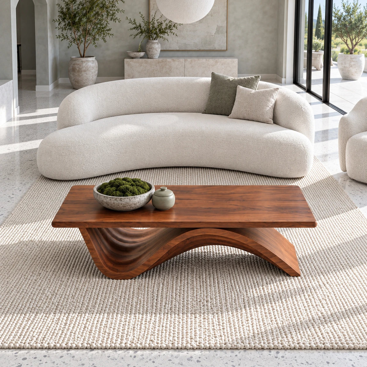Coffee Table with Thick Flat Slab Top on Single Continuous S-Wave Base - Arboriswood - 5