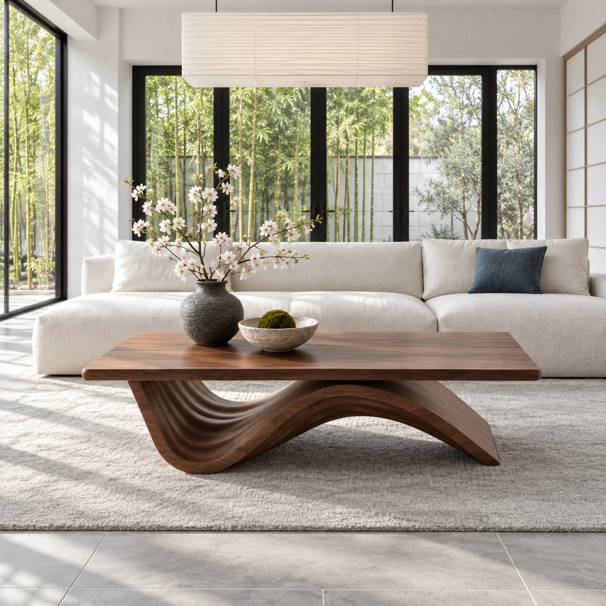 Coffee Table with Thick Flat Slab Top on Single Continuous S-Wave Base - Arboriswood - 8