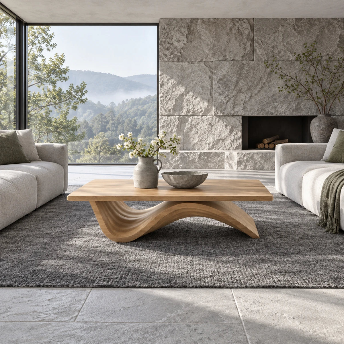Coffee Table with Thick Flat Slab Top on Single Continuous S-Wave Base - Arboriswood - 9