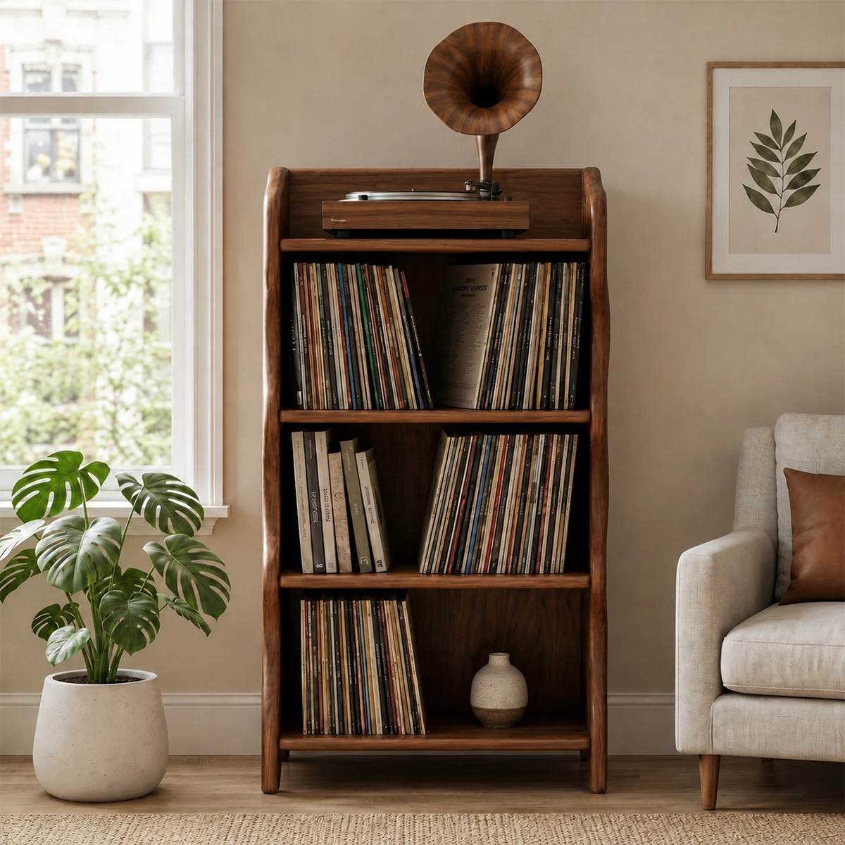 Compact Natural Solid Wood Audio Storage Cabinet With Wavy Side Panels - ArborisWood - 10