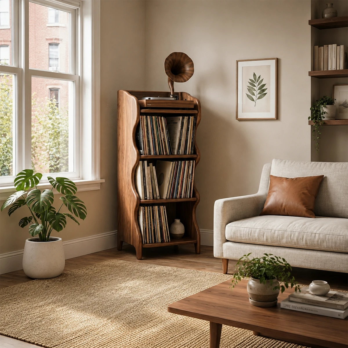 Compact Natural Solid Wood Audio Storage Cabinet With Wavy Side Panels - ArborisWood - 2