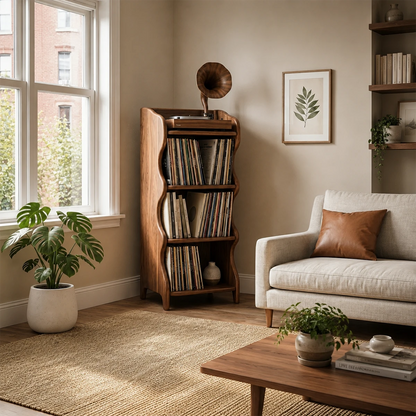Compact Natural Solid Wood Audio Storage Cabinet With Wavy Side Panels - ArborisWood - 2