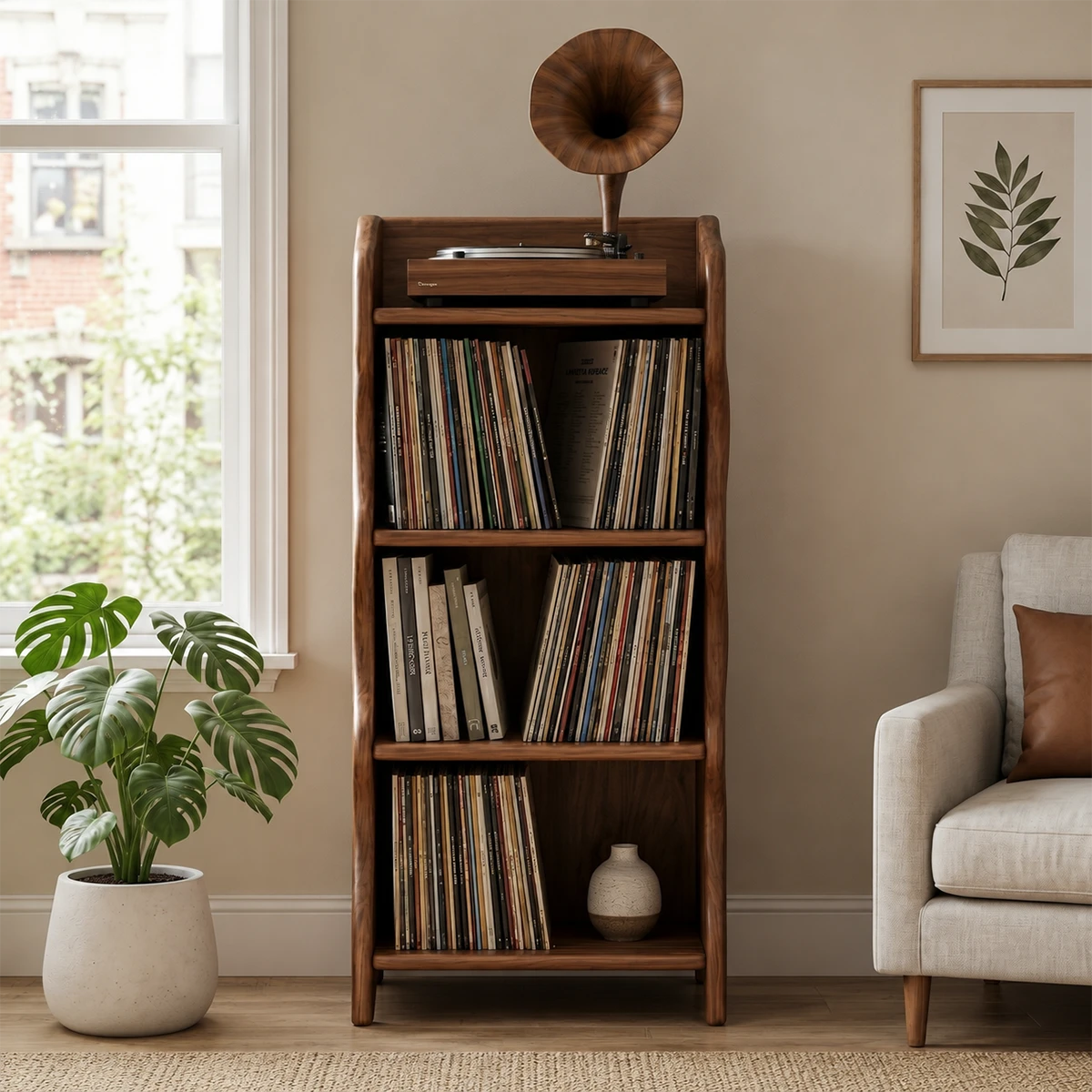 Compact Natural Solid Wood Audio Storage Cabinet With Wavy Side Panels - ArborisWood - 3