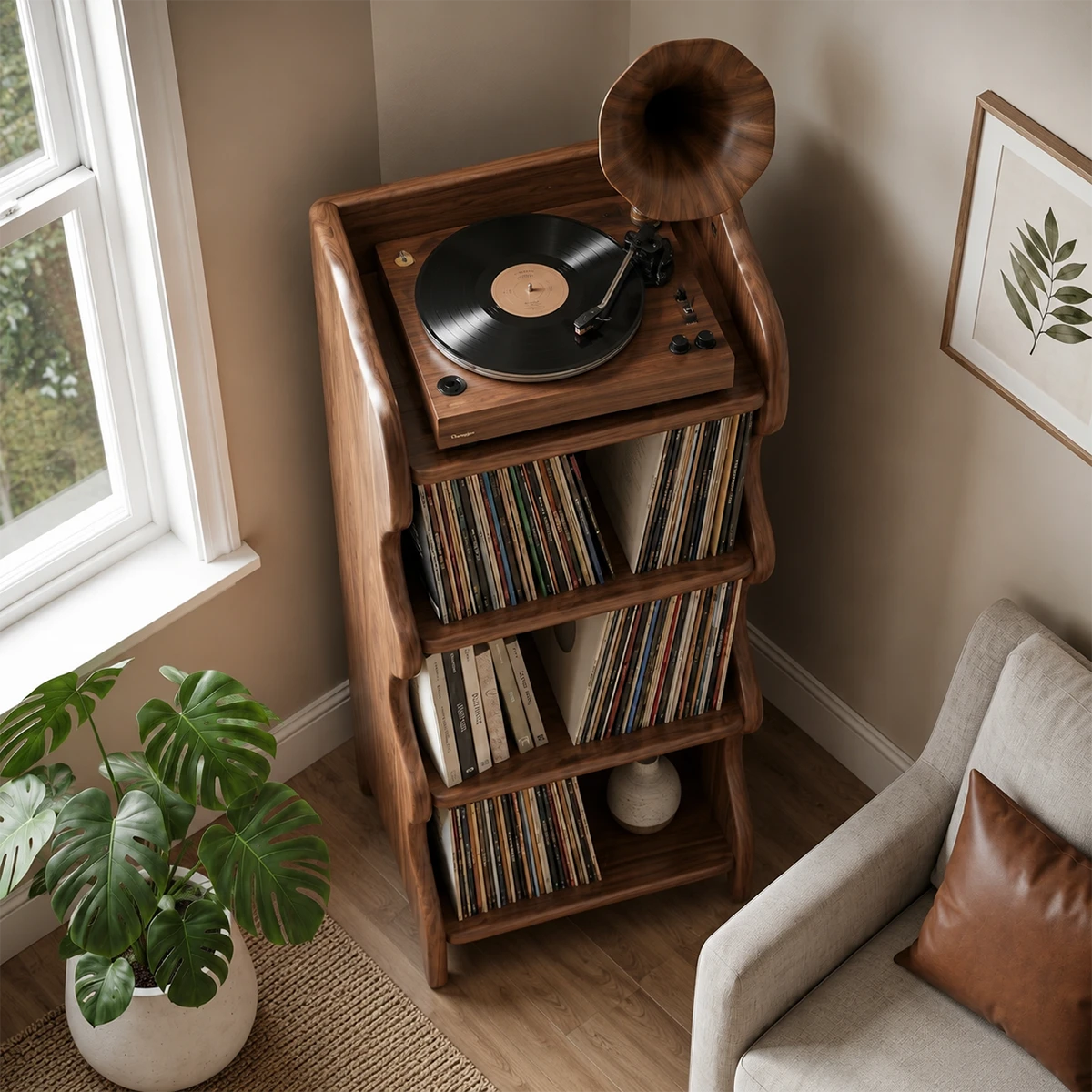 Compact Natural Solid Wood Audio Storage Cabinet With Wavy Side Panels - ArborisWood - 5